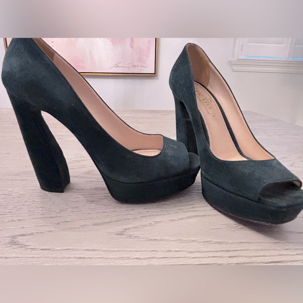 Prada Hunter Green Suede Open Peep Toe Platform Hell Size 6.5 - Picture 2 of 8